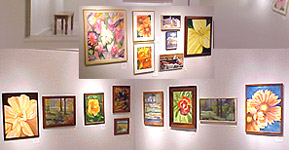 Collage of a recent exhibit of paintings by local artists Peg Napralla and Brian Schuetz. To learn more about these and other Columbia County artists, contact the Zona Gale Center.